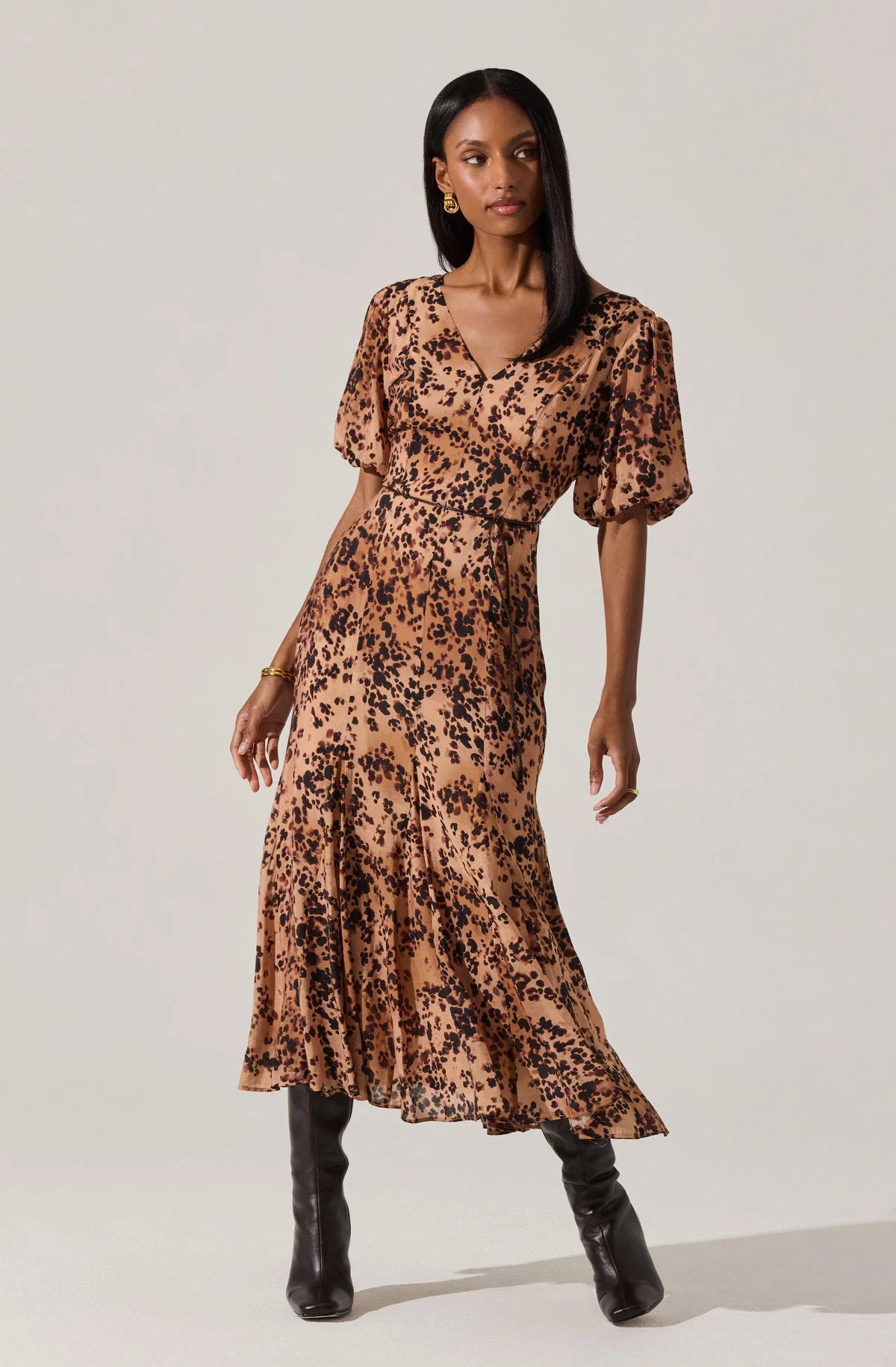 Lavena V-Neck Puff Sleeve Dress - Taupe leopard print / XS | ASTR The Label (US)