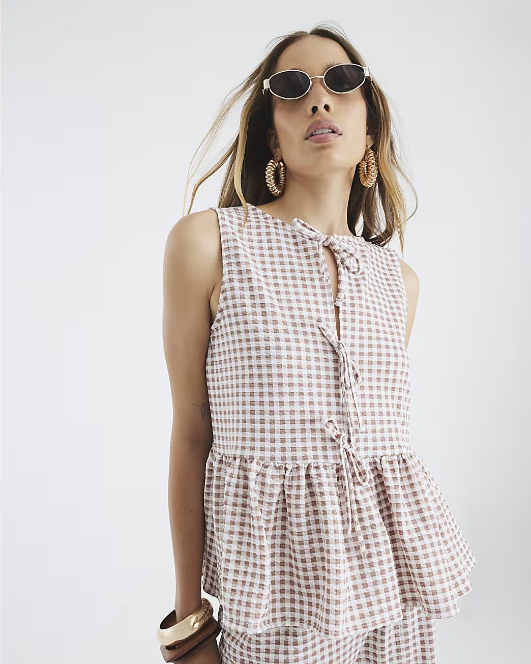 Beige Sleeveless Gingham Tie Front Top | River Island UK & IE