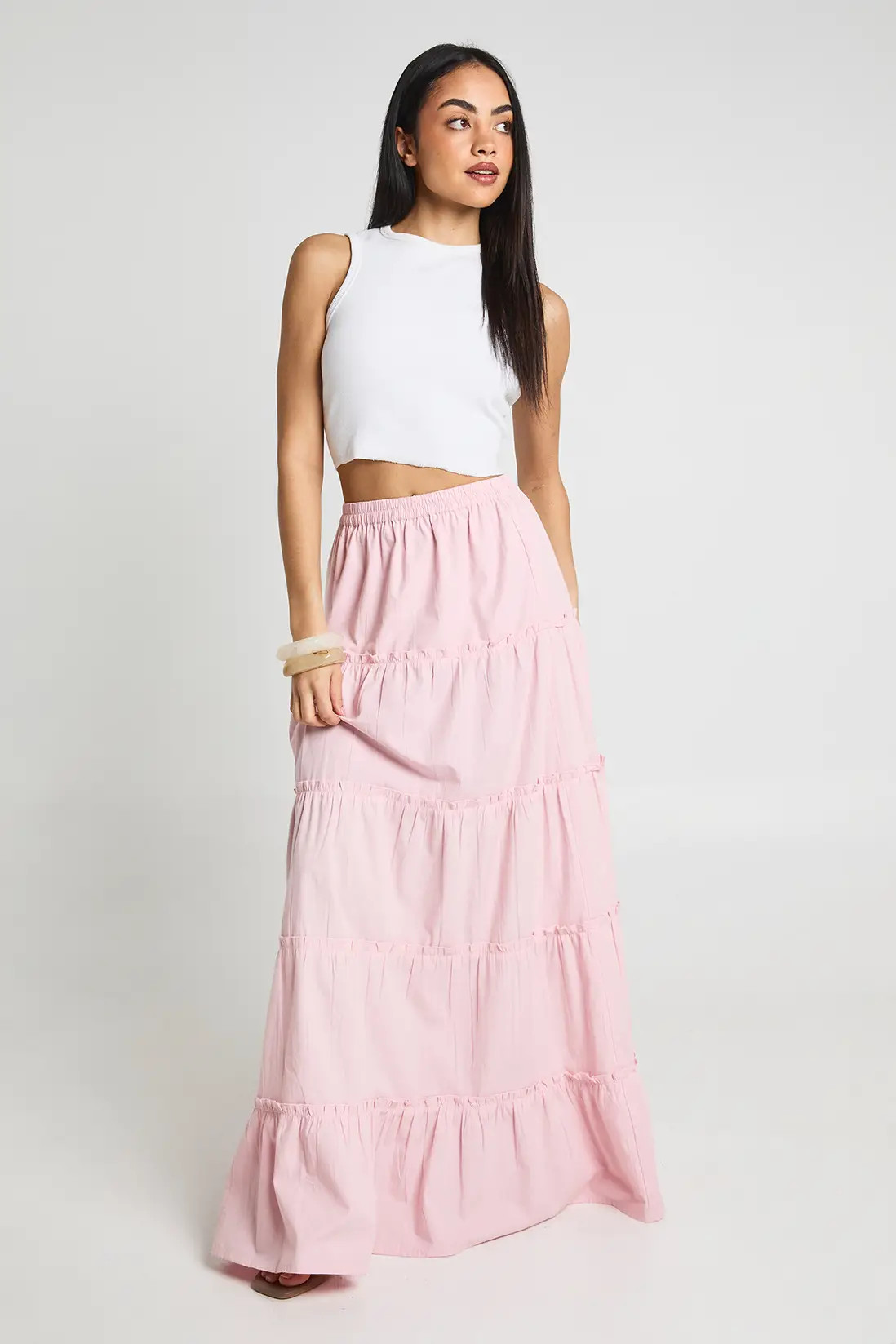 Pink Tiered Cotton Poplin Maxi Skirt | Boohoo USA | boohoo (US & Canada)