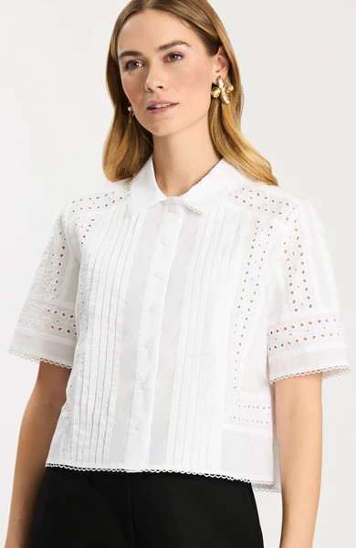 Sabrina Pleated Eyelet Shirt - White | tyler boe