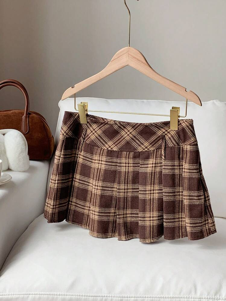 Womens Brown Plaid Skirt With Shorts Lining | SHEIN