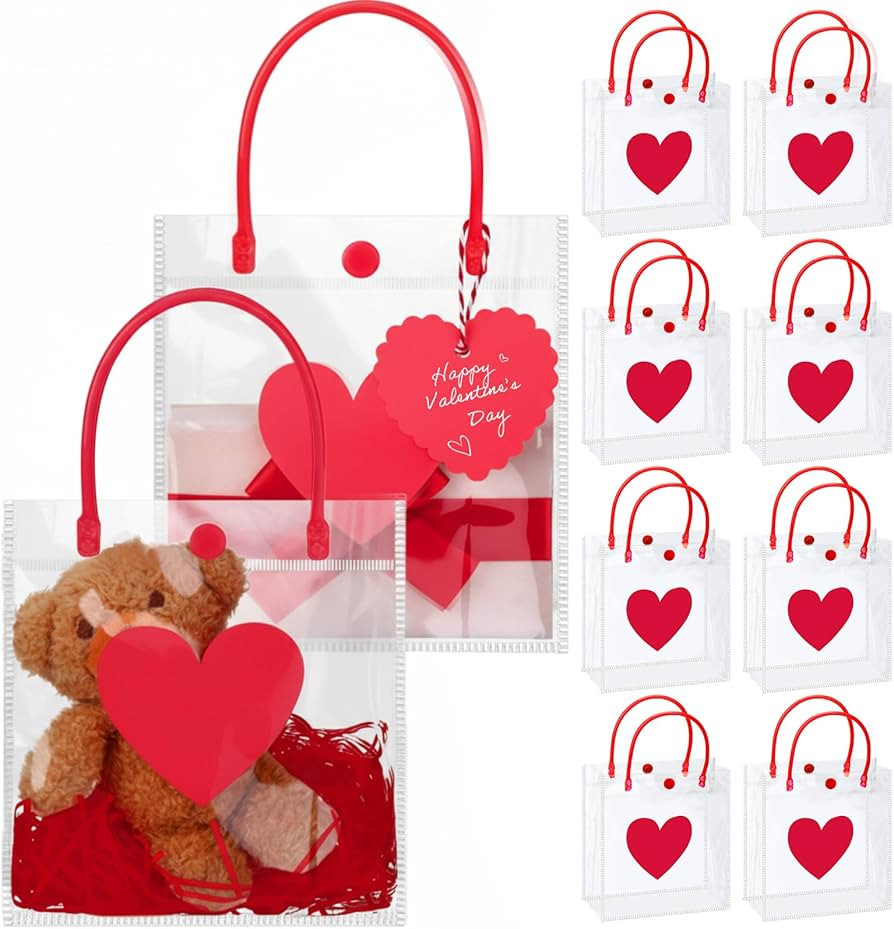 Bulyoou 24 Pcs Valentine's Day Clear Gift Bags Bulk with Handles 6" x 2.8" x 6.3" Small Valentine... | Amazon (US)