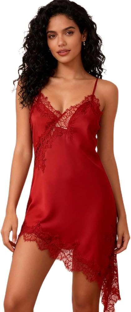 Silk Lace Trim Camisole Tops for Women Satin Layering Asymmetrical Tops Lace Patchwork Cami Tank ... | Amazon (US)