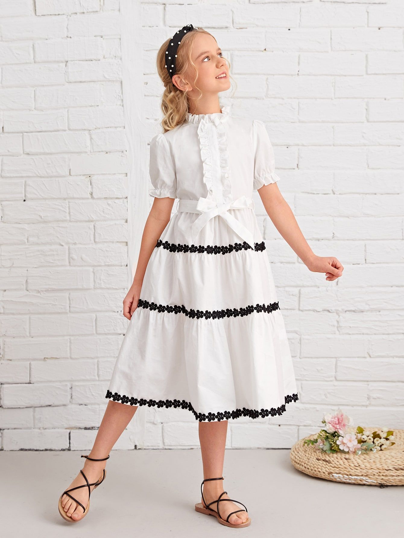 NEWSHEIN Girls Ruffle Trim Self Belted Lace Appliques Dress | SHEIN