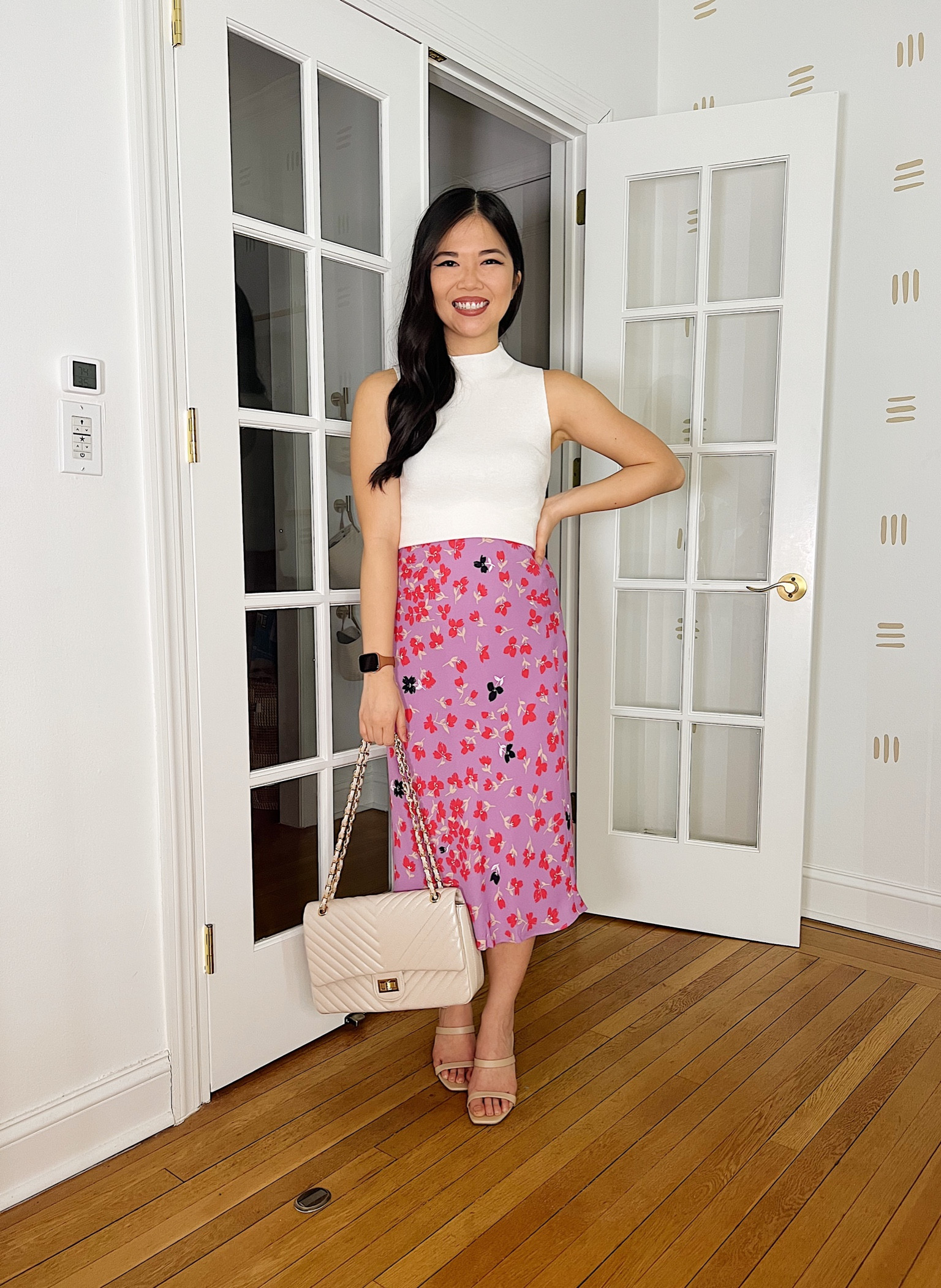 White mock neck sweater (XS)
Pink floral midi skirt (XS)
Cream quilted bag
Nude mule heels
Spring outfit
Ann Taylor

#LTKstyletip #LTKSeasonal #LTKworkwear