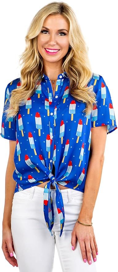 Tipsy Elves Women’s Tie Front Shirt with Classic Red White and Blue Popsicles Allover Print Siz... | Amazon (US)