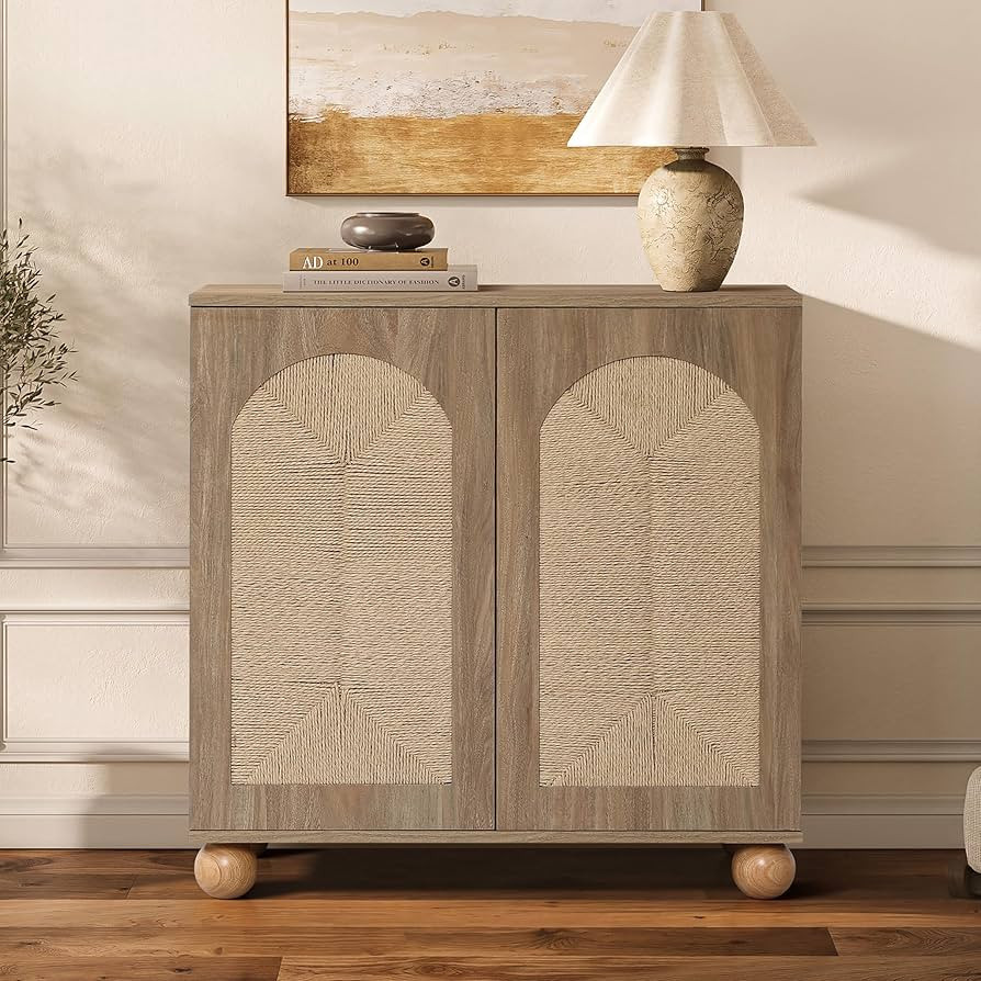 LuxenHome 31.5" Sideboard Buffet Cabinet with Storage, Seagrass Boho Accent Cabinets with Pine Ro... | Amazon (US)