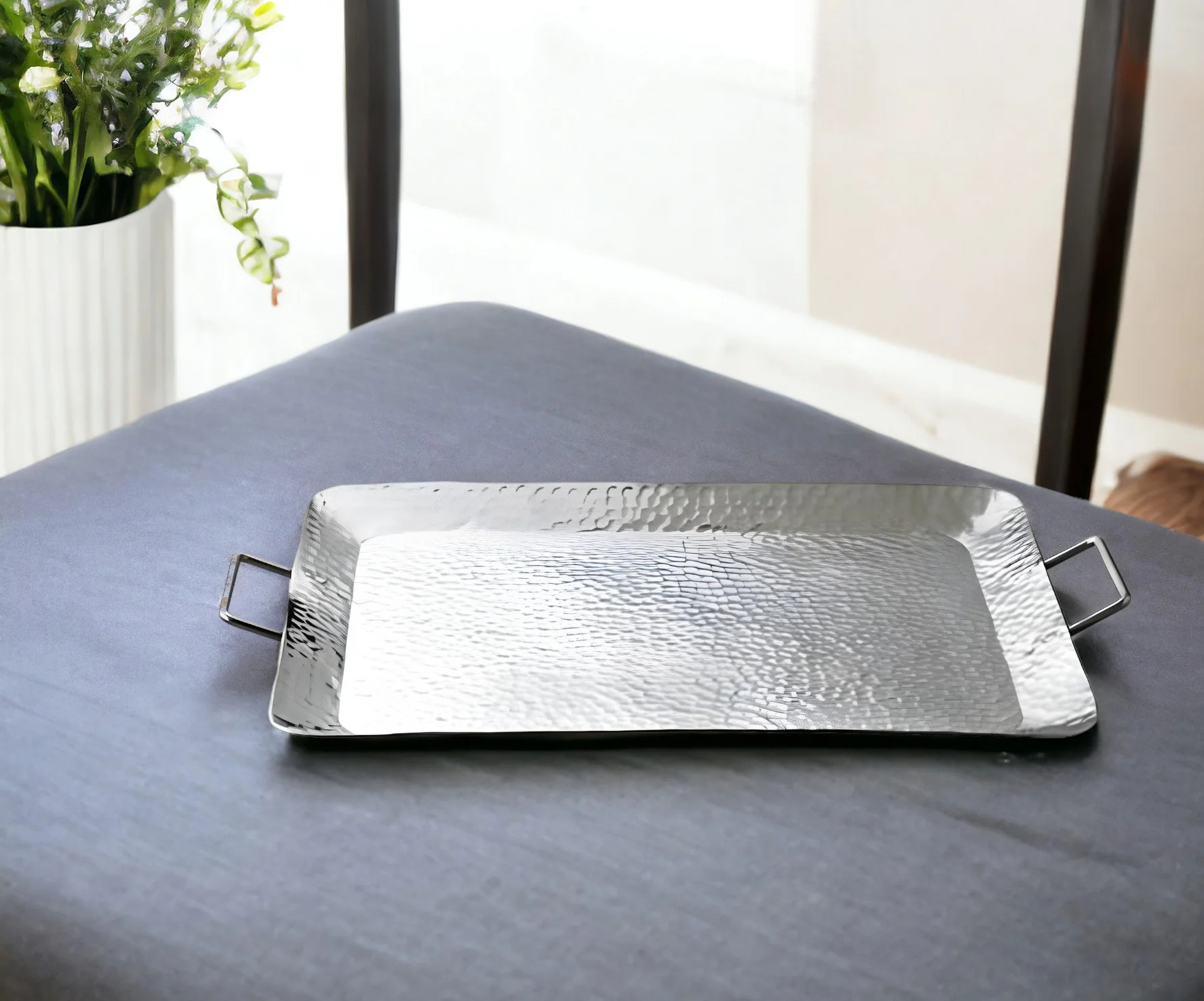 18" Silver Hammered Metal Serving Tray With Handles | Shop Simon