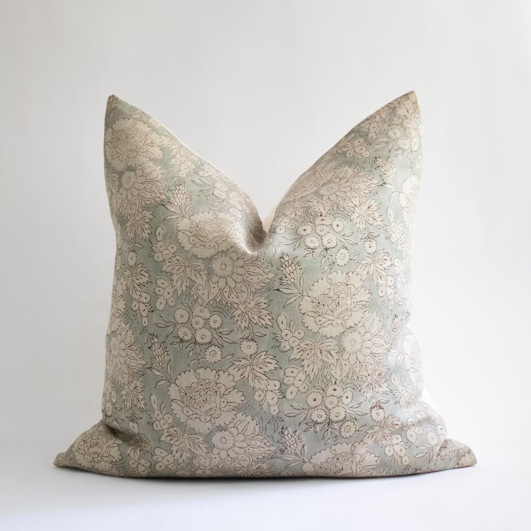 Blue Floral Block Print Pillow Cover, Neutral Block Printed Throw Pillows, Decorative Cushion Cov... | Etsy (US)