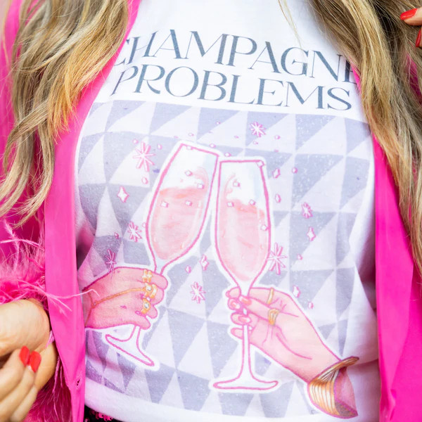 Champagne Problems Tee – Funny Graphic Shirt for Women | Sassy Queen