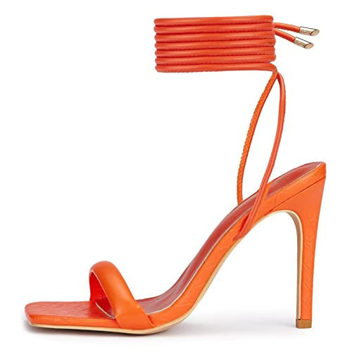 GENSHUO Strappy Lace up Stilletos High Heel Sandals Women Open Square toe Tie up Heels Sexy Wedding Dressy Shoes Orange Size 11 | Amazon (US)
