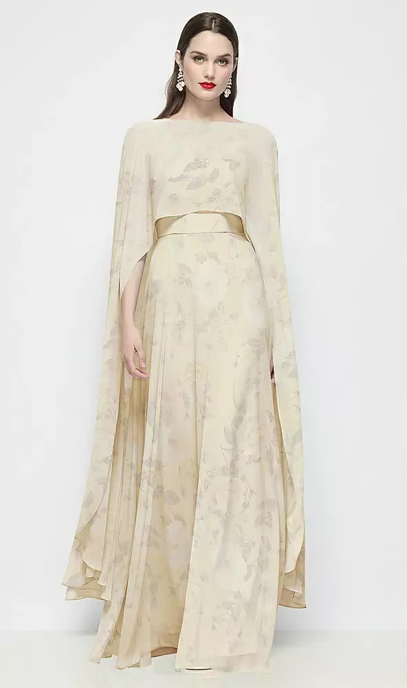 High-Low Sheer Floral Chiffon Cape in Butter Yellow Floral | Dessy Group