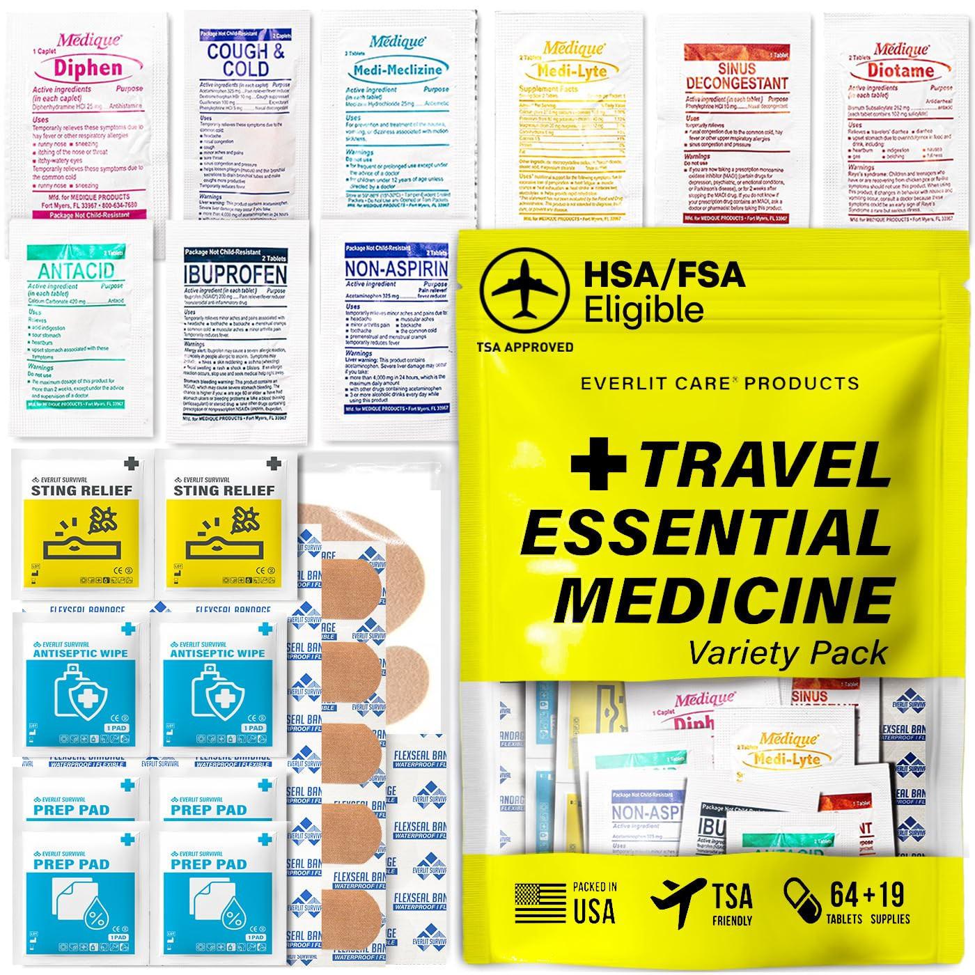 EVERLIT CARE Travel Essential Medicine First Aid Kit I Bonus Medical Supplies I TSA Compliant Mini Size Medkit for Traveling Camping Trips Individually Packed 64 Tablets (Refill Pack) | Amazon (US)