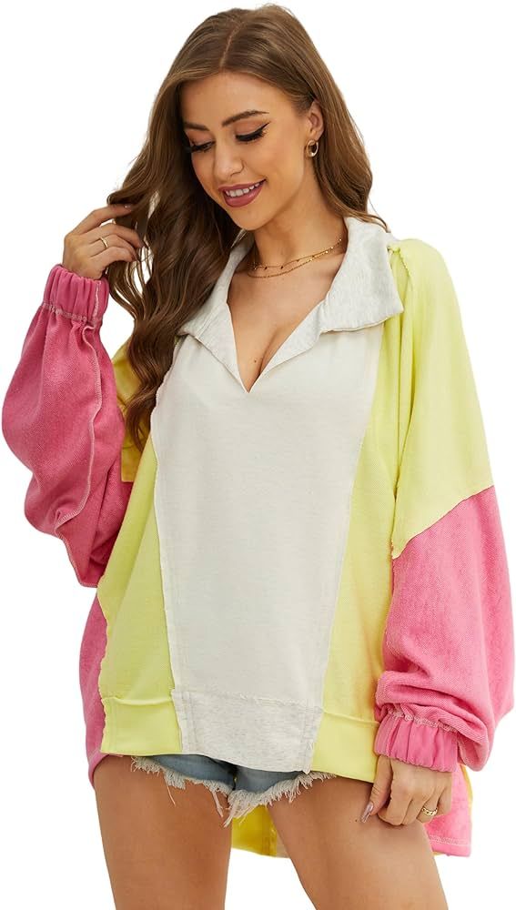 Women Long Sleeve Patchwork Color Block Sweatshirt Oversized V Neck Lapel Collared Casual Pullove... | Amazon (US)
