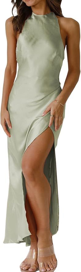 Backless Satin Silk Halter Tie Formal Dress for Wedding Guest Women Openback Side Ruched Drape Sa... | Amazon (US)