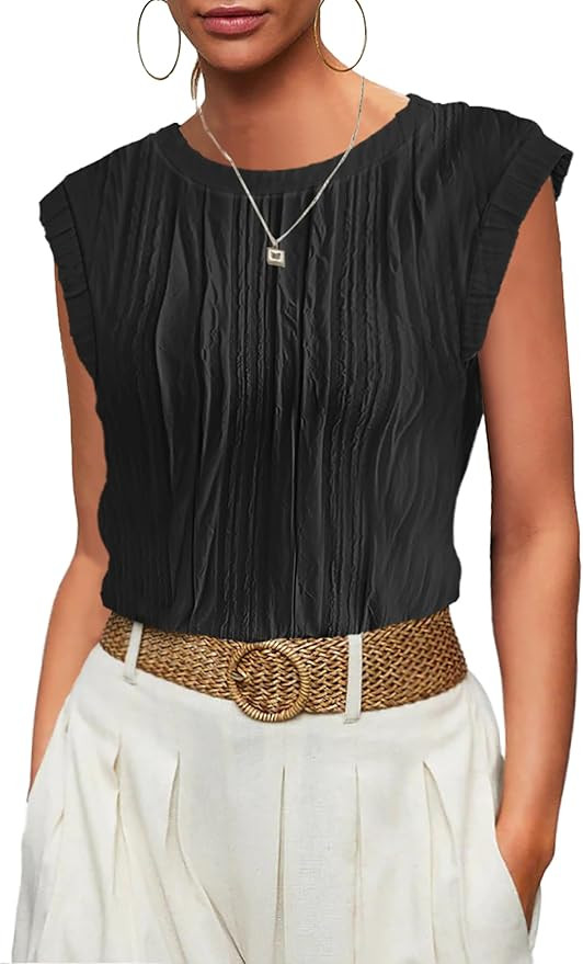 Womens Cap Sleeve Textured Tops Summer Crewneck Solid Loose Casual Basic T Shirts Tee Blouses | Amazon (US)