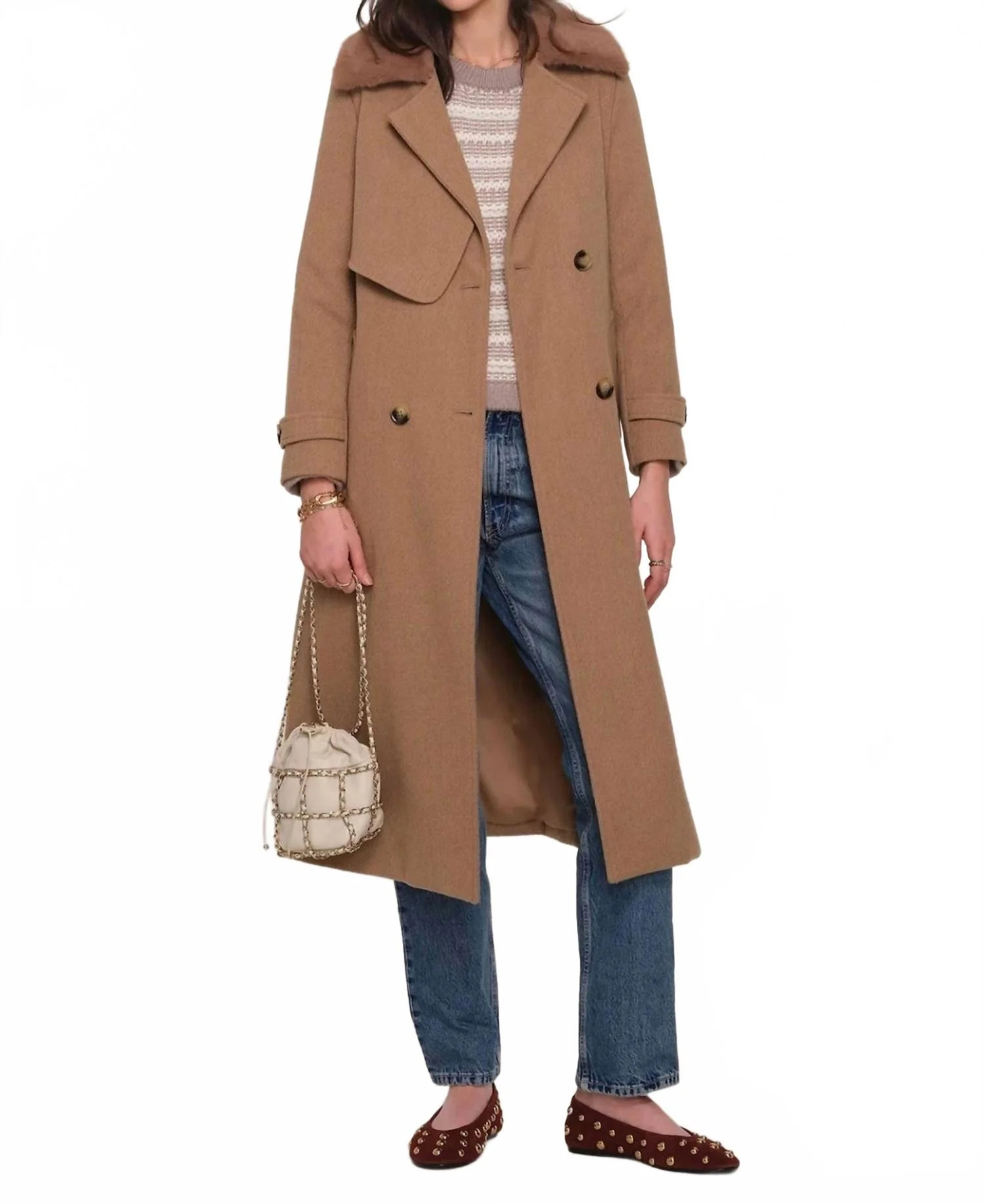 Ross Coat With Faux Fur Collar In Beige | Shop Simon