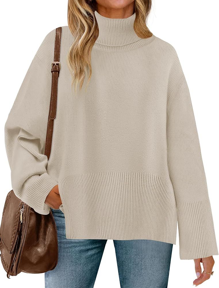 ZESICA Women's 2023 Fall Sweaters Turtleneck Long Sleeve Oversized Split Hem Knitted Tunic Pullov... | Amazon (US)