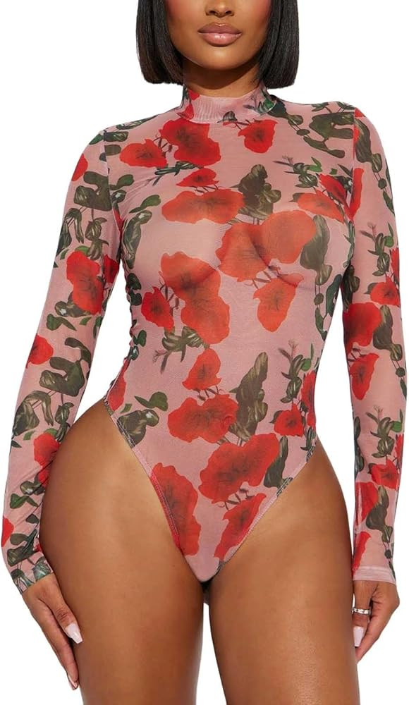 Women's Printed Mesh Long Sleeve Bodysuit, Sexy One Piece with Mock Neck Snap Crotch Leotard Top | Amazon (US)