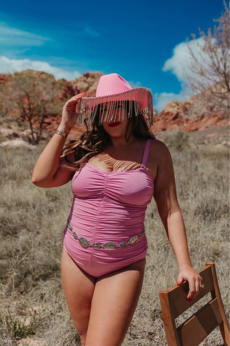 my curvy Sunset Pink Shimmer Ruched One Piece swimsuit! wearing size xl and runs tts! has adorable and removable straps. bra cups are sewn in. comes in xs-xxxl 

#LTKMidsize #LTKSwim #LTKFindsUnder100