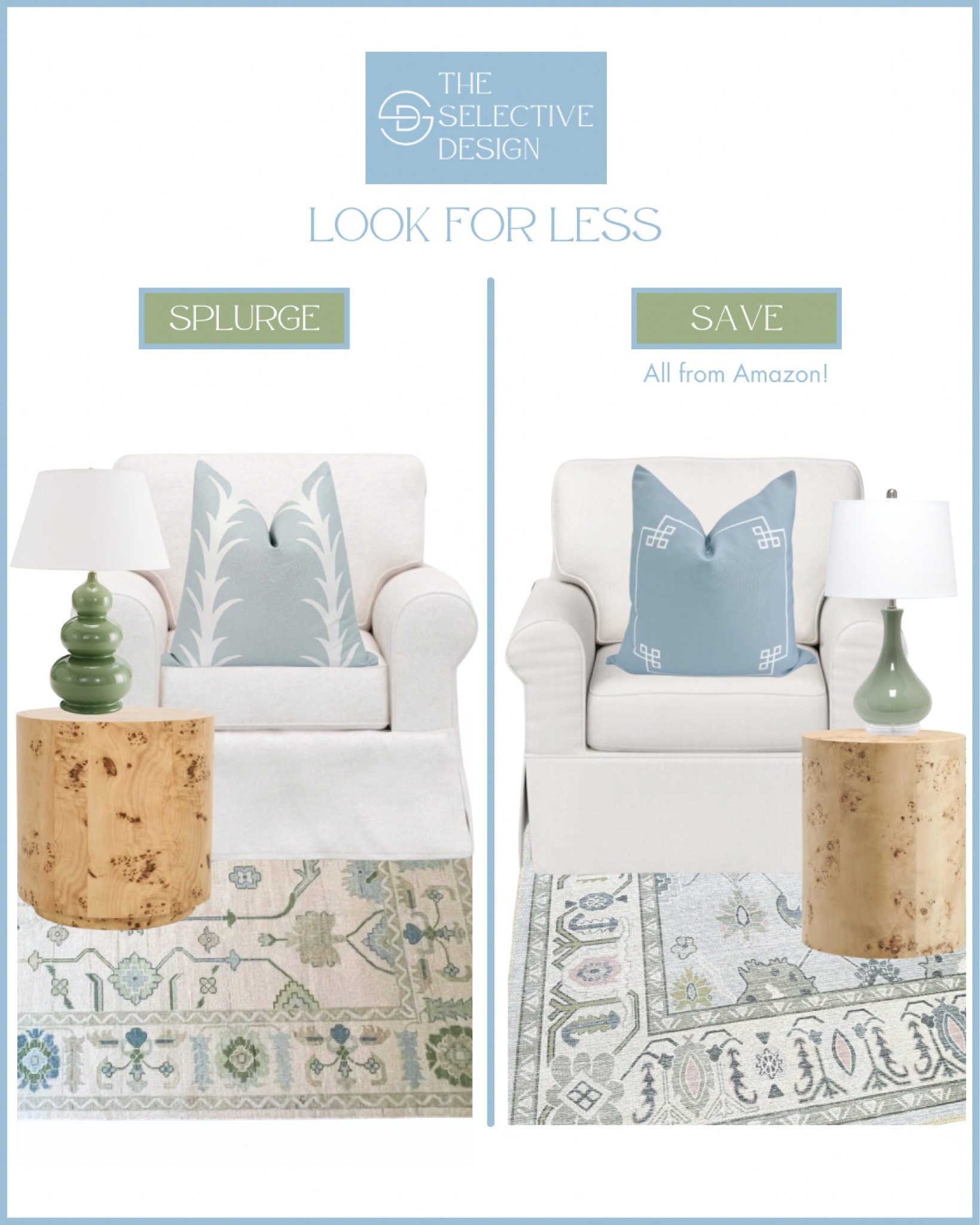 Living room decor look for less Amazon edition! 

Timeless living room, timeless decor, southern decor, Grandmillennial decor, oushak rug, spot the dupe, affordable home decor, Amazon home decor, burl wood table, white chair, Amazon furniture, affordable oushak rug, blue pillow, green lamp, classic home decor, traditional home decor 

#LTKFindsUnder100 #LTKFindsUnder50 #LTKHome