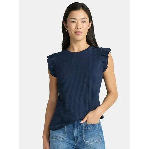 Time and Tru Women's Rib Ruffle Sleeve Top, Sizes XS-XXXL - Walmart.com | Walmart (US)