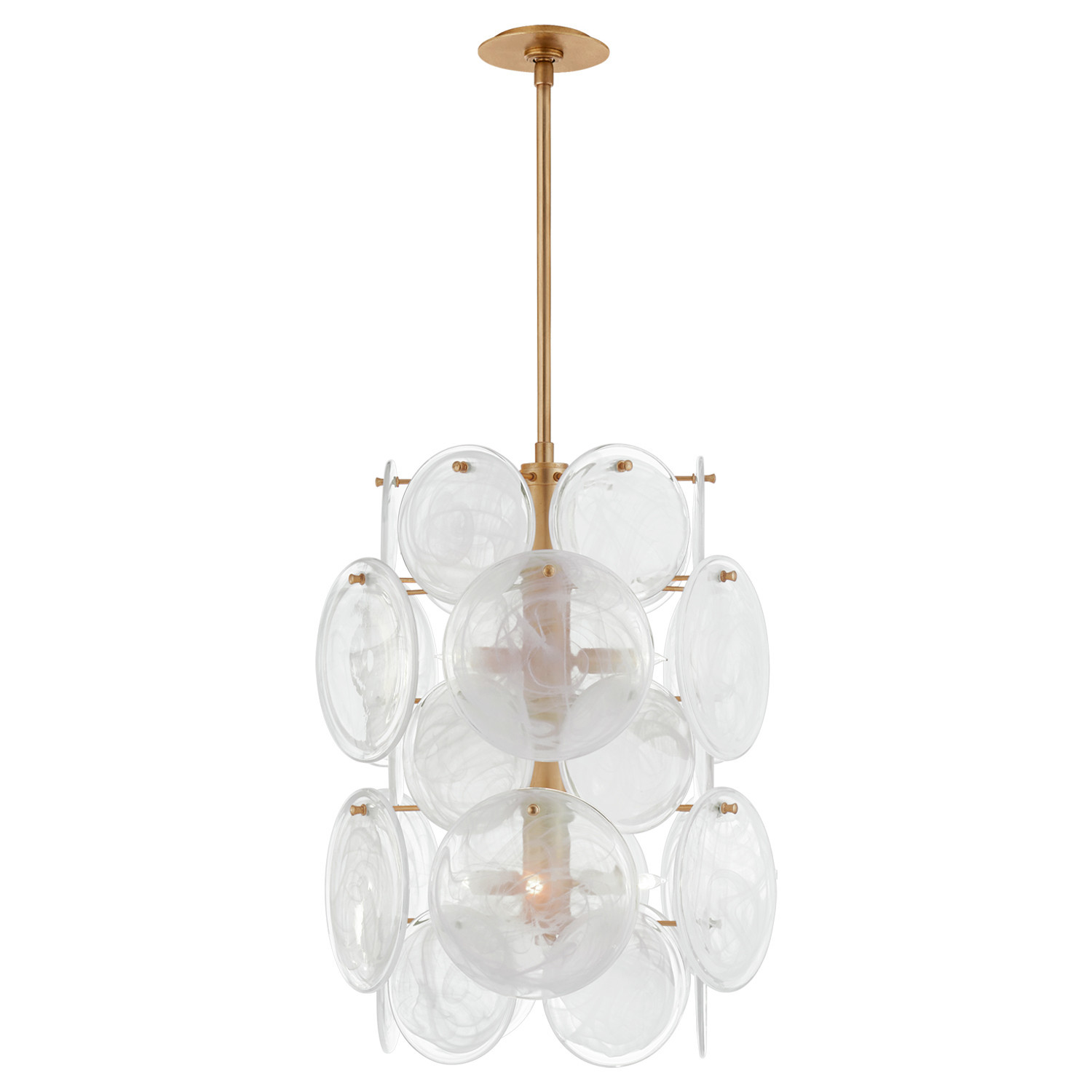 Visual Comfort Loire Mid Century Gild Metal White Strie Glass Barrel Chandelier | Kathy Kuo Home