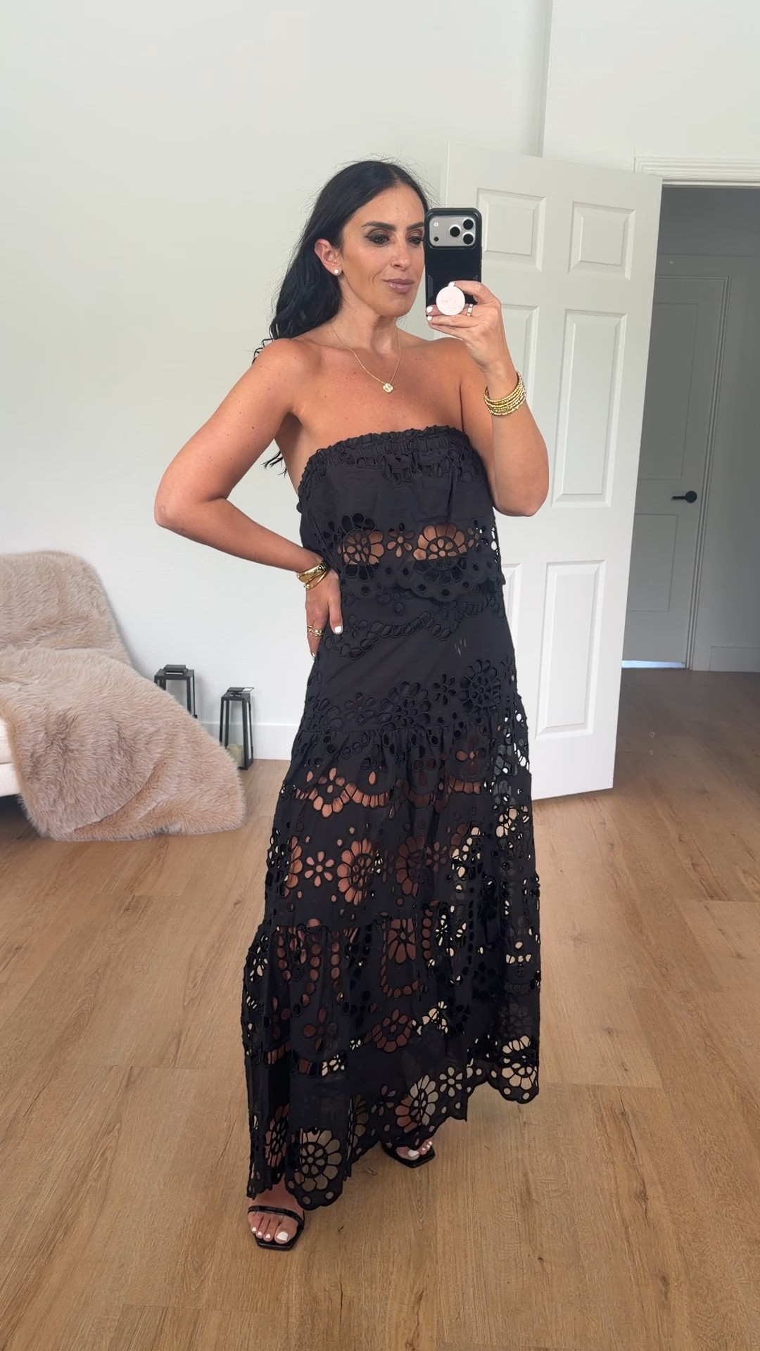 Vici collection coastline energy floral eyelet strapless crop top wearing size medium but should have done a small. 

Coastline energy floral eyelet maxi skirt wearing size medium 

 Use code houseofsequins30 for 30% off the entire site on vici