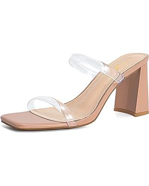 Athlefit Women's Square Open Toe Two Strap Heeled Sandals Slip On Block Chunky Heels Sandals | Amazon (US)