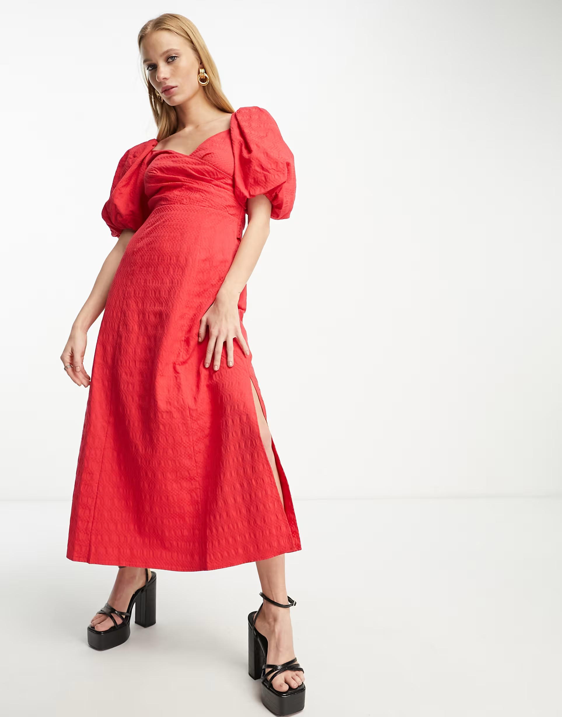 & Other Stories woven puff sleeve midi dress in red | ASOS | ASOS (Global)