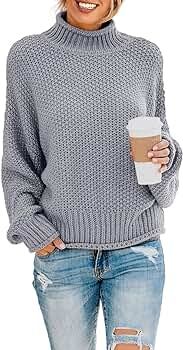 BLENCOT Womens Turtleneck Pullover Sweaters Batwing Long Sleeve Loose Chunky Knitted Jumpers Tops | Amazon (US)