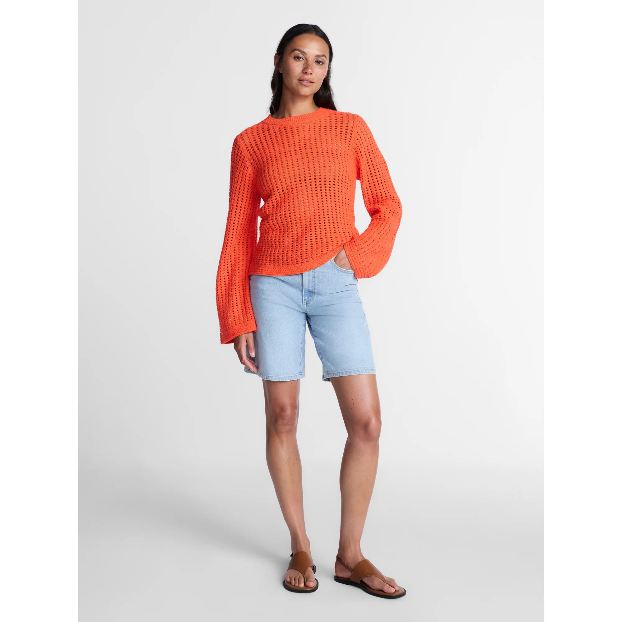Time and Tru Women’s Textured Cotton Sweater with Long Sleeves, Lightweight, Sizes XS-XXXL | Walmart (US)