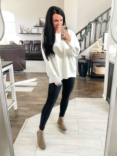 Holiday outfit— easy oversized top is so nice and thick! I love to wear it with leggings, and these are the spanx faux leather leggings! Easily it with cozy slippers or Uggs, too!

#LTKSeasonal #LTKHoliday #LTKfindsunder100