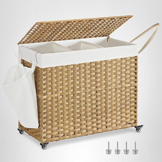 SONGMICS Laundry Hamper with Lid, 37 Gallons (140 L), Rolling Laundry Basket with Wheels, 3-Secti... | Amazon (US)