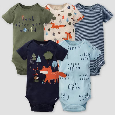 Gerber Baby Boys' 5pk Fox Short Sleeve Onesies - Green/Off-White/Blue | Target
