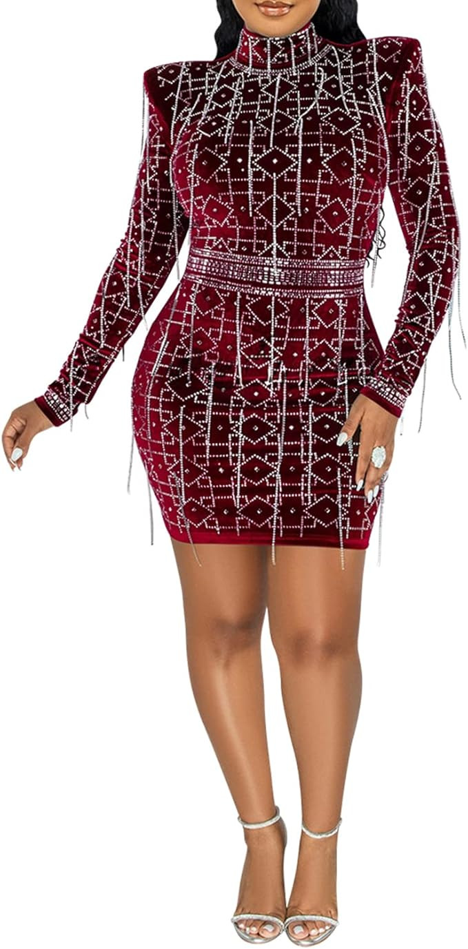 PORRCEY Women's Sexy Elegant Rhinestone Long Sleeve Mesh See Through Birthday Party Club Night Mi... | Amazon (US)