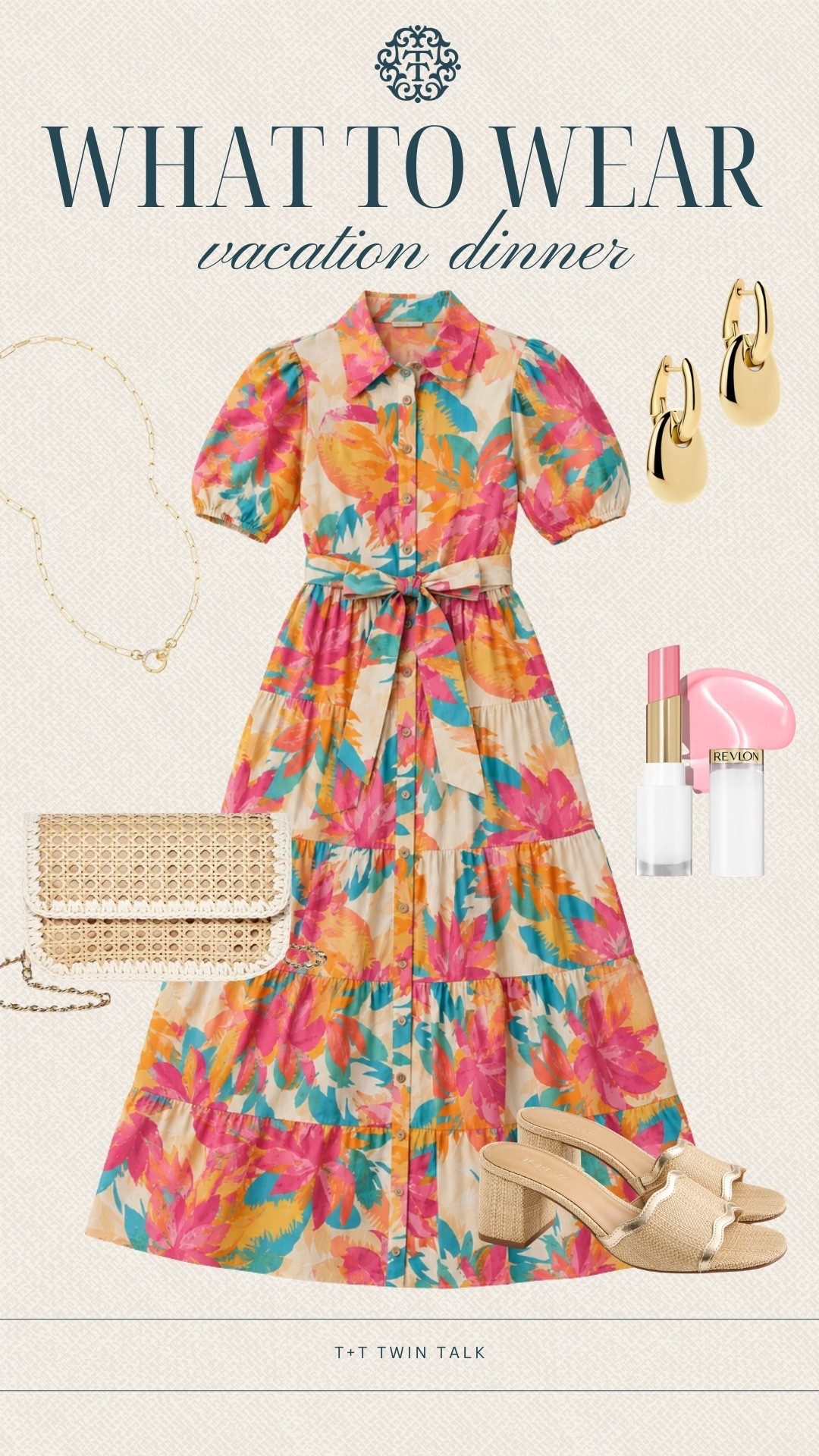 T+T, what to wear! This Nordstrom dress is the kind of piece that makes vacation dinner easy with its bright print and effortless shape. Adding simple gold accessories and neutral woven heels keeps the look polished without competing with the dress.

#LTKOver40 #LTKMidsize #LTKSeasonal