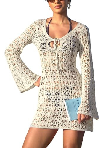 CUPSHE Women's Crochet Swimsuit Coverup Dress Long Sleeve Tie Front Beach Cover Ups Summer Mini Coverup Dress Off-White, M | Amazon (US)