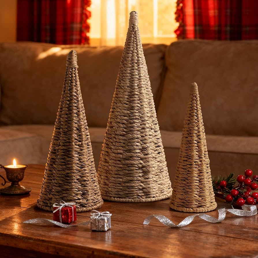 3pcs Natural Woven Christmas Trees Decor, Artificial Christmas Tree Decorations for Home Party Ta... | Amazon (US)