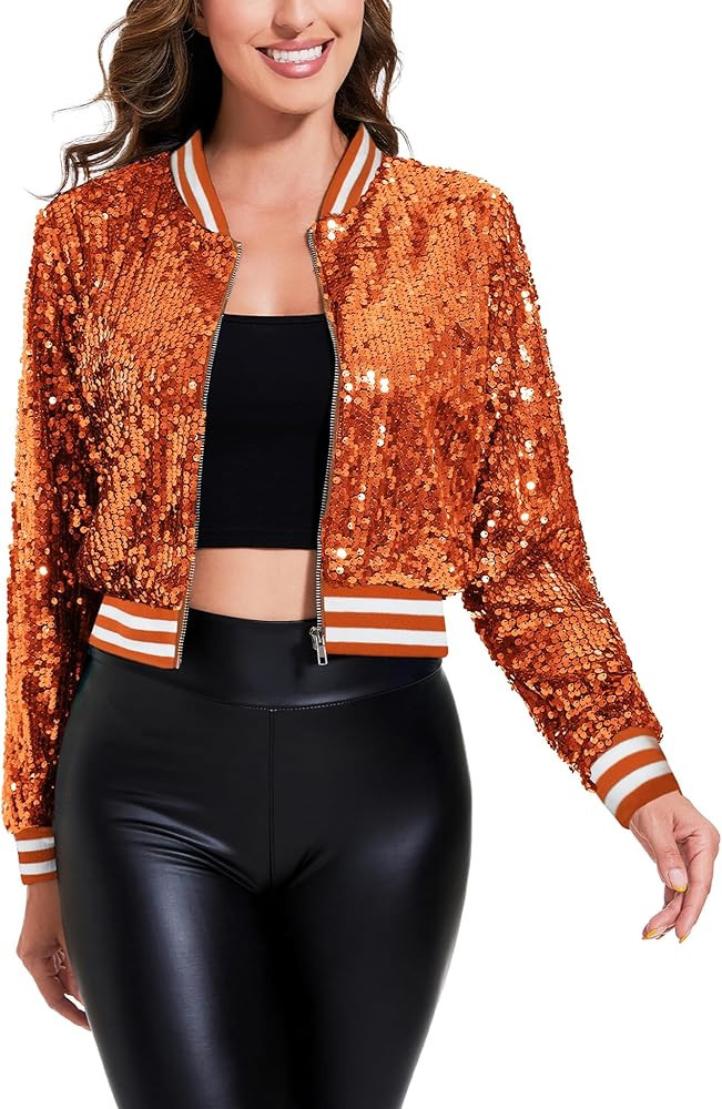 Anna-Kaci Women's Sparkly Sequin Cropped Jacket Long Sleeve Zipper Up Party Club Bomber Jacket | Amazon (US)
