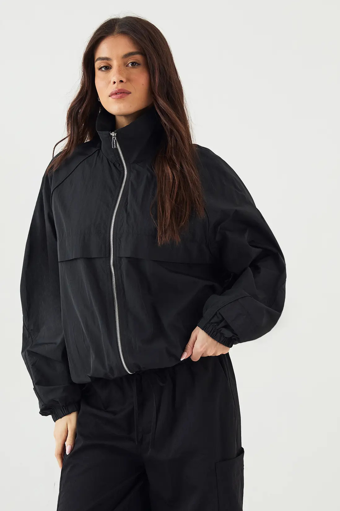 DSGN Studio Nylon Zip Through Funnel Neck Track Jacket | PrettyLittleThing US