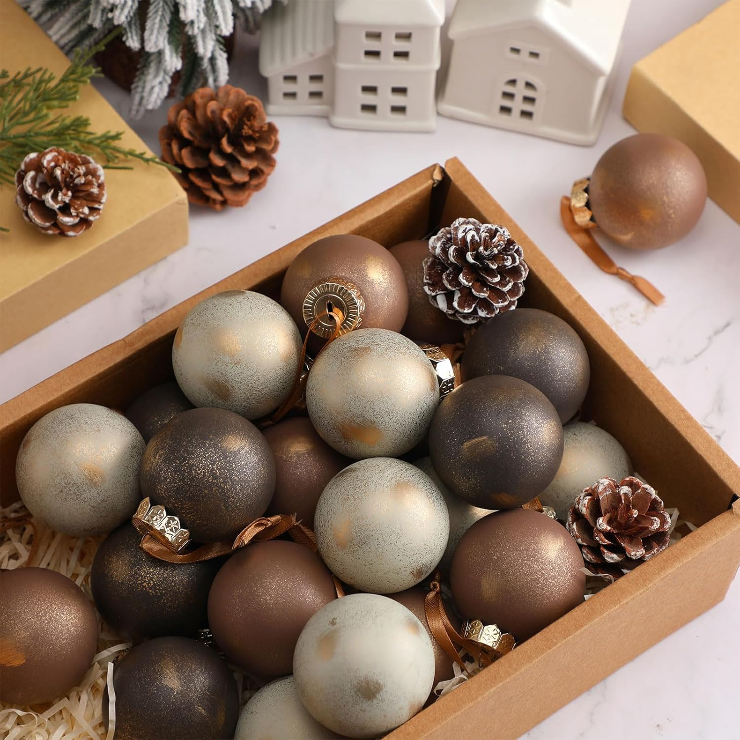 Yunlly 24 Pcs Textured Christmas Ball Ornaments 2.36'' Neutral Christmas Tree Decor Modern Vintag... | Amazon (US)