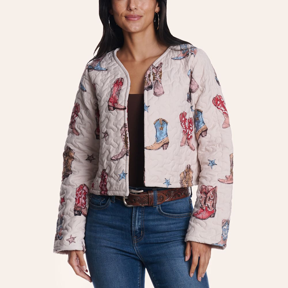 Ida Mae Home Women's Sand & Pink Thunderbird Boots Quilted Cropped Jacket | Cavender's