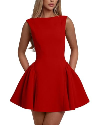 YMDUCH Women's Summer Sleeveless Crew Neck Backless A-line Mini Party Prom Dress Red | Amazon (US)
