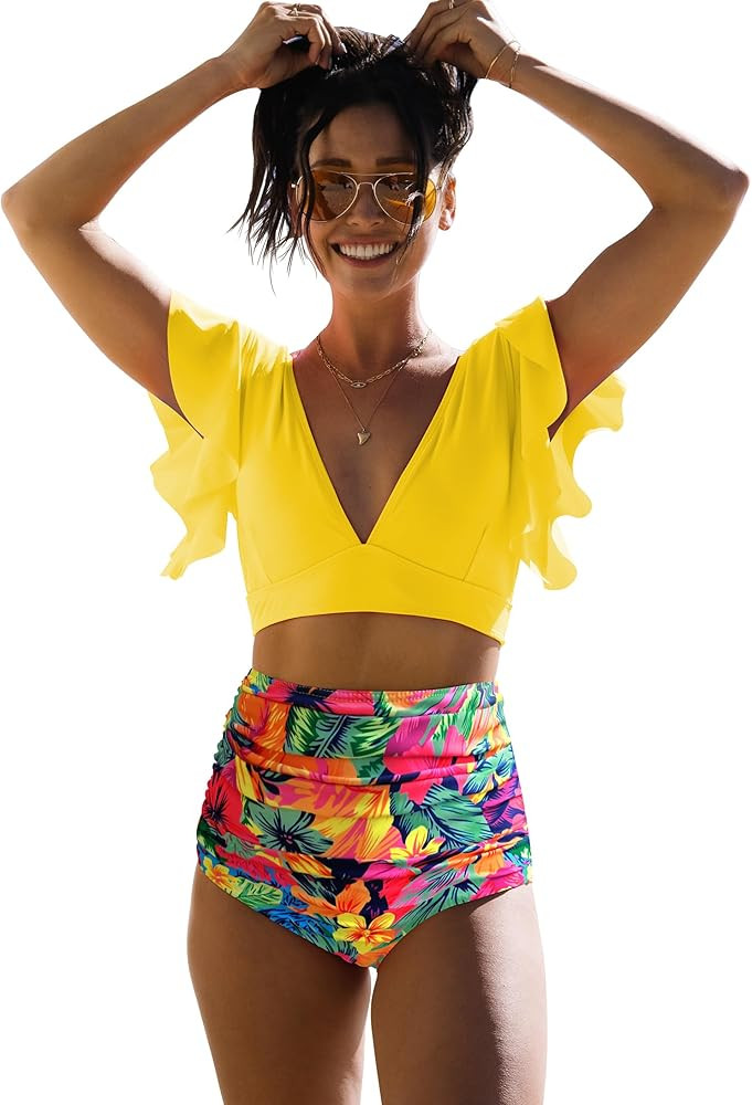 SPORLIKE Women Ruffle High Waist Swimsuit Two Pieces Push Up Tropical Print Bikini | Amazon (US)