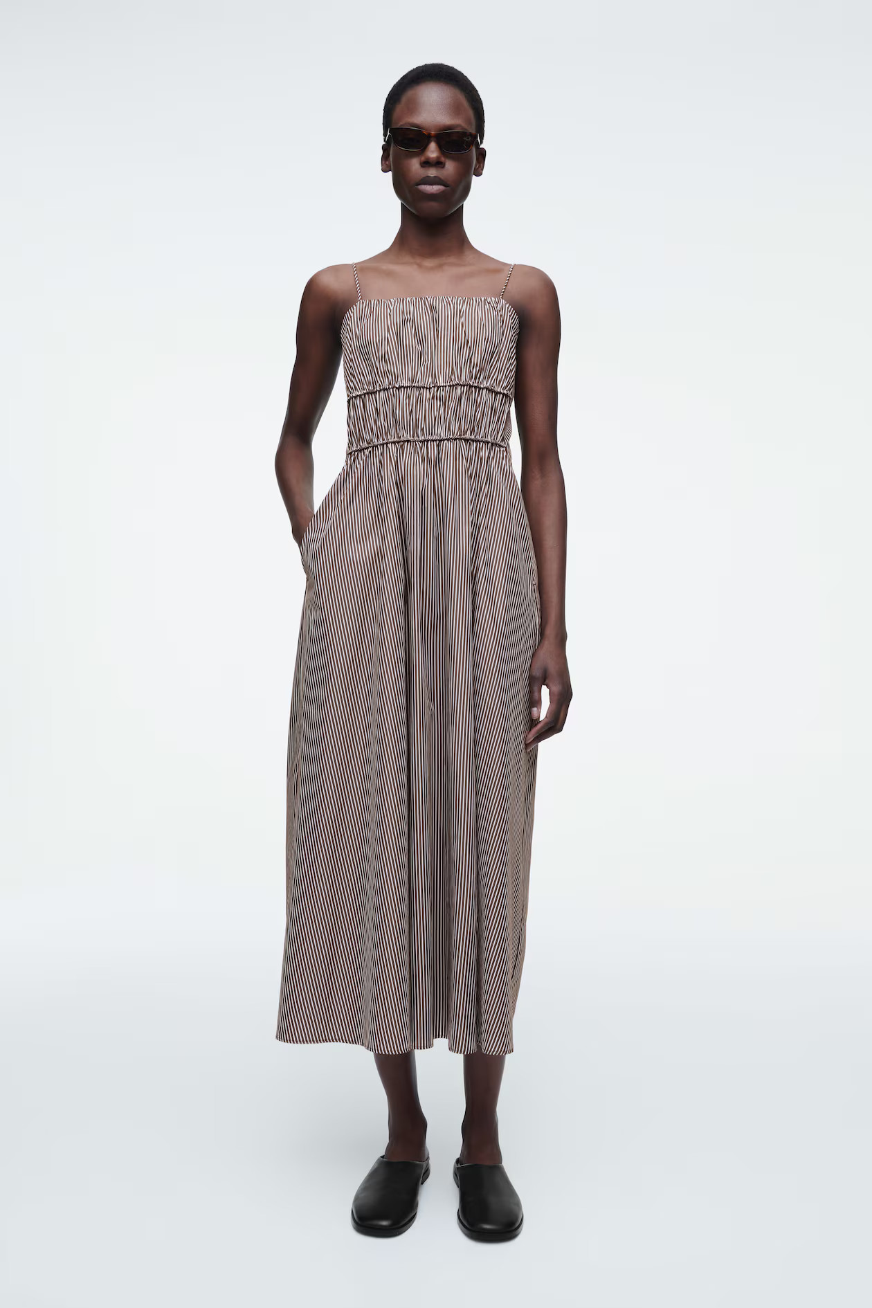 STRIPED GATHERED-WAIST MIDI DRESS - BROWN / STRIPED | COS UK