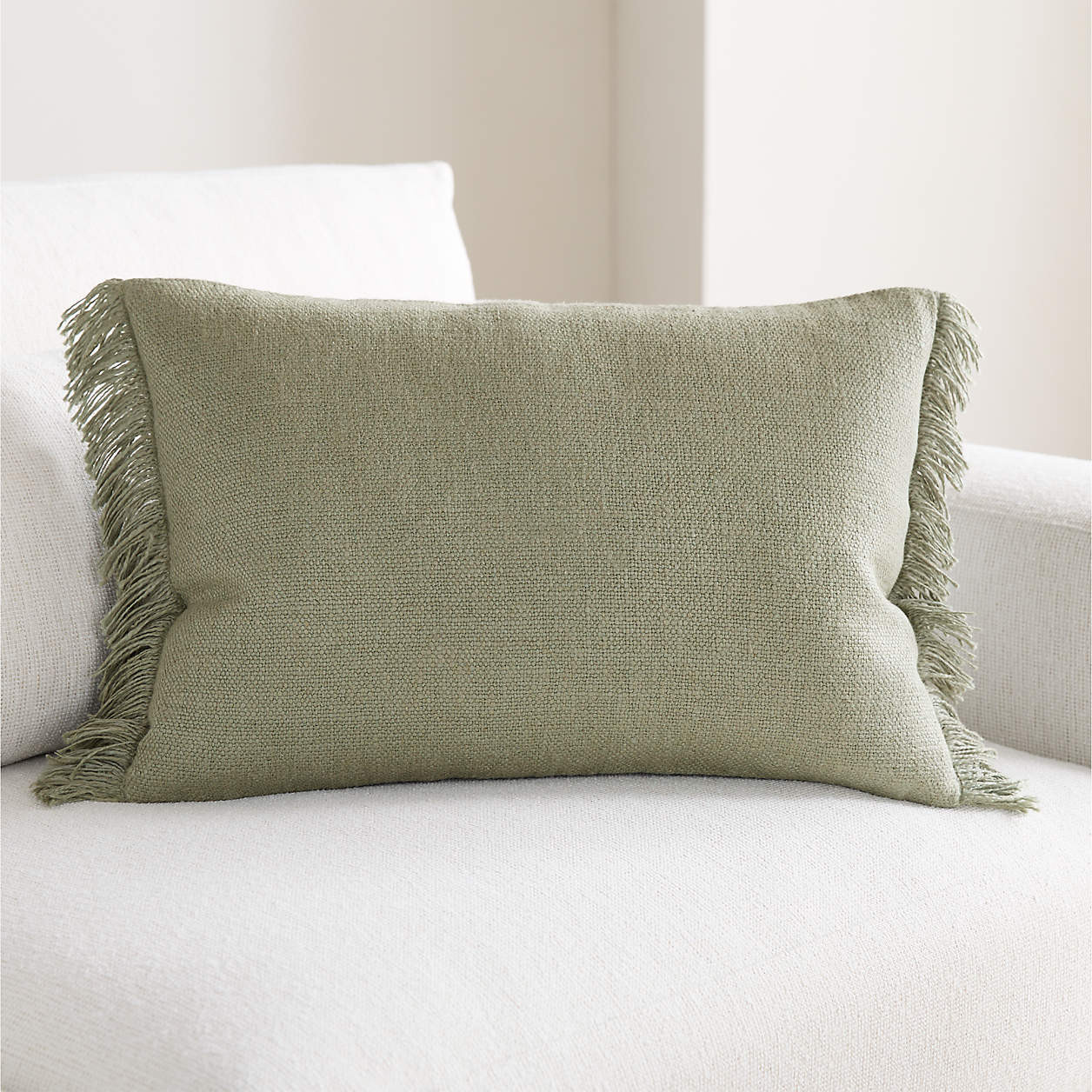 Casual Textured Fringe 24"x16" Shadow Sage Green Throw Pillow with Down-Alternative Insert + Revi... | Crate & Barrel