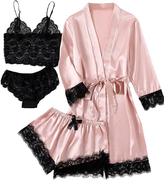 LYANER Women's 4pcs Sleepwear Satin Floral Lace Trim Cami Pajama Set with Robe | Amazon (US)