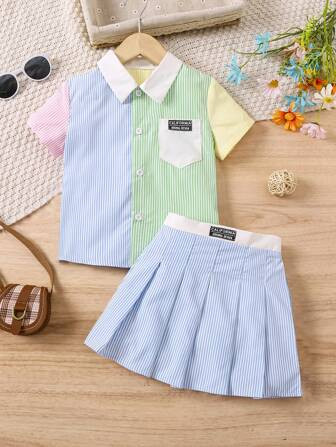 SHEIN Young Girl Letter Detail Checkered Stripe Short Sleeve Shirt And Pleated Skirt Outfit Set | SHEIN