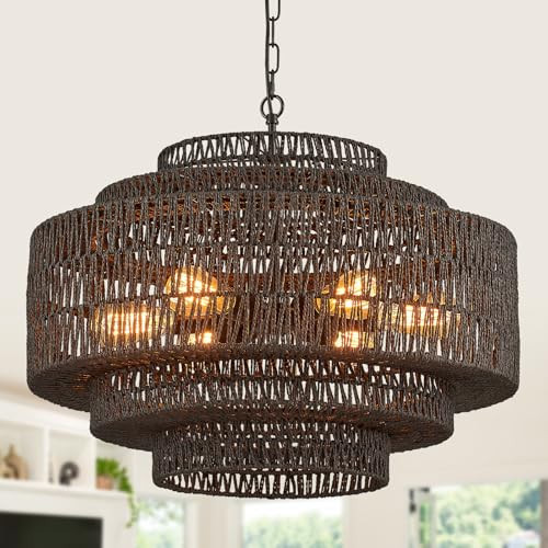 Tunkayli 25.68" Large Rattan Chandelier Light Fixture 6-Light Hand-Woven Boho Bamboo Black Chandeliers 5-Tier Vintage Farmhouse Coastal Rattan Chandelier for Living Room,Dining Room,Bedroom Entryway | Amazon (US)